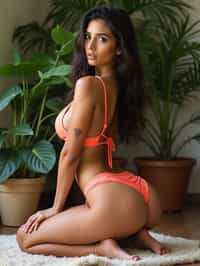 the image features a woman posing on her knees, looking over her shoulder at the camera with a subtle, contemplative expression. she wears a coral-colored bikini that contrasts with her tanned skin. the setting appears to be a cozy indoor space with lush green plants in the background, adding a vibrant, natural feel to the scene. her pose and the camera angle highlight her curves and the tattoo on her left arm, contributing to the overall sensual and relaxed vibe of the photograph. the photo emphasizes their exaggerated, idealized body shapes.