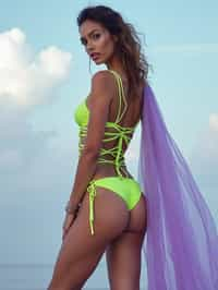 full body photo of full body photo of woman posing with her back to the camera, looking over her shoulder. she is wearing a highly stylized bikini lingerie consisting of lime green harness-like straps and a lavender glittery fabric draped over her shoulders. the background appears to be a cloudy, dreamlike sky, enhancing the surreal and artistic quality of the photograph. the lighting and composition focus attention on the contrast between her outfit and the soft background. she wears high heels. the photo emphasizes their exaggerated, idealized body shapes.