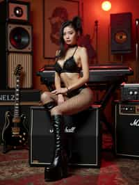 woman posing in a music studio surrounded by various speakers, a guitar, and a keyboard. She is sitting on a Marshall amplifier and is dressed in a revealing outfit consisting of fishnet attire and knee-high platform boots. Her look is complemented by her styled hair and a contemplative expression on her face. The lighting in the room highlights her and casts a glow that enhances the ambience of the studio setting. the photo emphasizes their exaggerated, idealized body shapes.