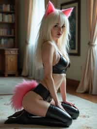 woman on her knees indoors with carpet as cosplay woman wearing platinum blonde cyberpunk wig, cat ears, pink buttocks fox tail, black thigh high pvc pu leather latex stockings, heels. the photo emphasizes their exaggerated, idealized body shapes.