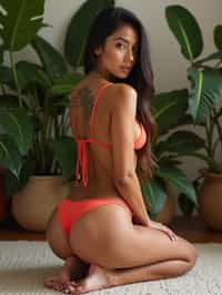 the image features a woman posing on her knees, looking over her shoulder at the camera with a subtle, contemplative expression. she wears a coral-colored bikini that contrasts with her tanned skin. the setting appears to be a cozy indoor space with lush green plants in the background, adding a vibrant, natural feel to the scene. her pose and the camera angle highlight her curves and the tattoo on her left arm, contributing to the overall sensual and relaxed vibe of the photograph. the photo emphasizes their exaggerated, idealized body shapes.