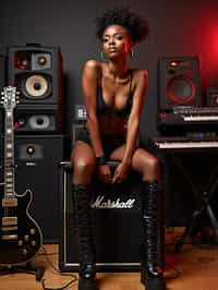 woman posing in a music studio surrounded by various speakers, a guitar, and a keyboard. She is sitting on a Marshall amplifier and is dressed in a revealing outfit consisting of fishnet attire and knee-high platform boots. Her look is complemented by her styled hair and a contemplative expression on her face. The lighting in the room highlights her and casts a glow that enhances the ambience of the studio setting. the photo emphasizes their exaggerated, idealized body shapes.