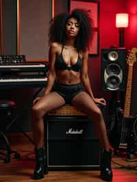 woman posing in a music studio surrounded by various speakers, a guitar, and a keyboard. She is sitting on a Marshall amplifier and is dressed in a revealing outfit consisting of fishnet attire and knee-high platform boots. Her look is complemented by her styled hair and a contemplative expression on her face. The lighting in the room highlights her and casts a glow that enhances the ambience of the studio setting. the photo emphasizes their exaggerated, idealized body shapes.