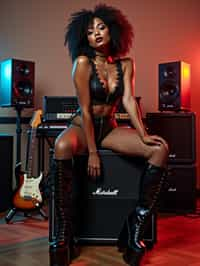 woman posing in a music studio surrounded by various speakers, a guitar, and a keyboard. She is sitting on a Marshall amplifier and is dressed in a revealing outfit consisting of fishnet attire and knee-high platform boots. Her look is complemented by her styled hair and a contemplative expression on her face. The lighting in the room highlights her and casts a glow that enhances the ambience of the studio setting. the photo emphasizes their exaggerated, idealized body shapes.