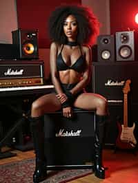 woman posing in a music studio surrounded by various speakers, a guitar, and a keyboard. She is sitting on a Marshall amplifier and is dressed in a revealing outfit consisting of fishnet attire and knee-high platform boots. Her look is complemented by her styled hair and a contemplative expression on her face. The lighting in the room highlights her and casts a glow that enhances the ambience of the studio setting. the photo emphasizes their exaggerated, idealized body shapes.