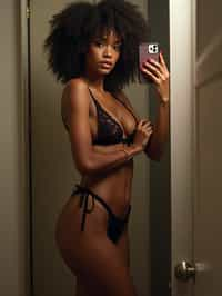 seductive woman wearing lingerie, doing mirror selfie, holding iPhone, full body, her reflection captured in a sultry pose. the photo emphasizes their exaggerated, idealized body shapes.