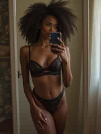 seductive woman wearing lingerie, doing mirror selfie, holding iPhone, full body, her reflection captured in a sultry pose. the photo emphasizes their exaggerated, idealized body shapes.