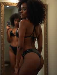 back view of seductive woman doing mirror selfie in black pu leather bikini and fishnet bodystockings, full body, her reflection captured in a sultry pose. the photo emphasizes their exaggerated, idealized body shapes. with a particular focus on their buttocks.