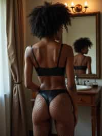 back view of seductive woman doing mirror selfie in black pu leather bikini and fishnet bodystockings, full body, her reflection captured in a sultry pose. the photo emphasizes their exaggerated, idealized body shapes. with a particular focus on their buttocks.