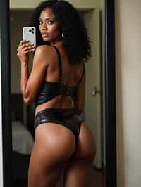 seductive woman doing mirror selfie in black pu leather bikini and fishnet bodystockings, full body, her reflection captured in a sultry pose. the photo emphasizes their exaggerated, idealized body shapes. with a particular focus on their buttocks.