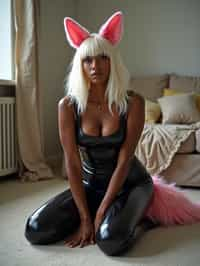 woman on her knees indoors with carpet as cosplay woman wearing platinum blonde cyberpunk wig, cat ears, pink buttocks fox tail, black thigh high pvc pu leather latex stockings, heels. the photo emphasizes their exaggerated, idealized body shapes.