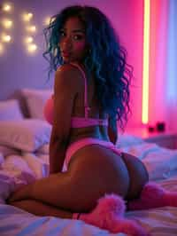 woman sitting on knees in bed. she is wearing cosplay-themed, revealing outfits that include elements like fishnet stockings, fur, fox tails, and various accessories. the setting appears to be a bedroom, with vibrant colors and neon lights in the background. she has beautiful hair colors and styles, and she is posed in a way that emphasizes their exaggerated, idealized body shapes, particularly focusing on their buttocks.