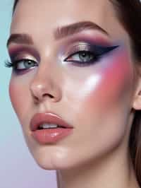 close-up of Futuristic makeup with metallic eyeshadow and sharp contouring. set against a soft, pastel background