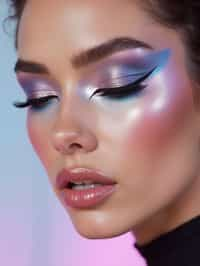 close-up of Futuristic makeup with metallic eyeshadow and sharp contouring. set against a soft, pastel background