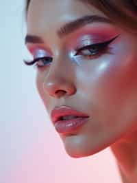 close-up of Futuristic makeup with metallic eyeshadow and sharp contouring. set against a soft, pastel background