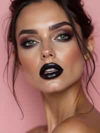 close-up of Edgy makeup look with dark, glossy lips and contoured cheeks. set against a soft, pastel background