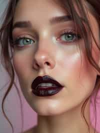 close-up of Edgy makeup look with dark, glossy lips and contoured cheeks. set against a soft, pastel background