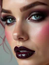 close-up of Edgy makeup look with dark, glossy lips and contoured cheeks. set against a soft, pastel background