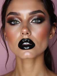 close-up of Edgy makeup look with dark, glossy lips and contoured cheeks. set against a soft, pastel background