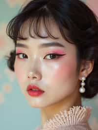 close-up of Model with a retro 60s makeup vibe, featuring thick eyeliner and pastel eyeshadow, paired with a vintage hairstyle. set against a soft, pastel background