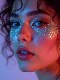 close-up of Artistic makeup with face jewels and iridescent highlighter, captured under a UV light for a glowing effect. set against a soft, pastel background