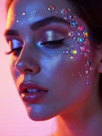 close-up of Artistic makeup with face jewels and iridescent highlighter, captured under a UV light for a glowing effect. set against a soft, pastel background