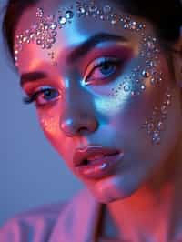 close-up of Artistic makeup with face jewels and iridescent highlighter, captured under a UV light for a glowing effect. set against a soft, pastel background