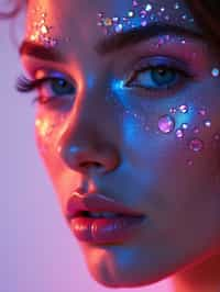 close-up of Artistic makeup with face jewels and iridescent highlighter, captured under a UV light for a glowing effect. set against a soft, pastel background