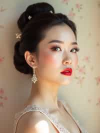 close-up of Elegant profile shot of a woman with classic Hollywood makeup, featuring bold eyebrows and red lips. set against a soft, pastel background