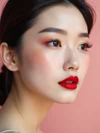 close-up of Elegant profile shot of a woman with classic Hollywood makeup, featuring bold eyebrows and red lips. set against a soft, pastel background