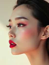 close-up of Elegant profile shot of a woman with classic Hollywood makeup, featuring bold eyebrows and red lips. set against a soft, pastel background