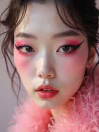 close-up of Model with an avant-garde makeup look, including graphic eyeliner shapes and vibrant cheek colors. set against a soft, pastel background