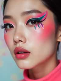 close-up of Model with an avant-garde makeup look, including graphic eyeliner shapes and vibrant cheek colors. set against a soft, pastel background