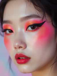 close-up of Model with an avant-garde makeup look, including graphic eyeliner shapes and vibrant cheek colors. set against a soft, pastel background