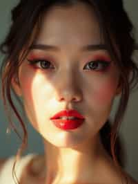 close-up of Model with a bold red lipstick and smokey eye makeup, her face half-lit in dramatic lighting. set against a soft, pastel background