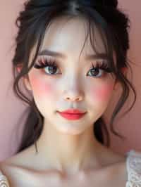 close-up of woman showcasing an Korean-style manga makeup look on woman, featuring oversized, dramatically long eyelashes that create a wide-eyed, whimsical appearance. The look is completed with bold, graphic eyeliner and a subtle blush to enhance the youthful and playful vibe. set against a soft, pastel background