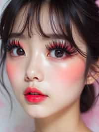 close-up of woman showcasing an Korean-style manga makeup look on woman, featuring oversized, dramatically long eyelashes that create a wide-eyed, whimsical appearance. The look is completed with bold, graphic eyeliner and a subtle blush to enhance the youthful and playful vibe. set against a soft, pastel background