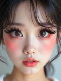 close-up of woman showcasing an Korean-style manga makeup look on woman, featuring oversized, dramatically long eyelashes that create a wide-eyed, whimsical appearance. The look is completed with bold, graphic eyeliner and a subtle blush to enhance the youthful and playful vibe. set against a soft, pastel background