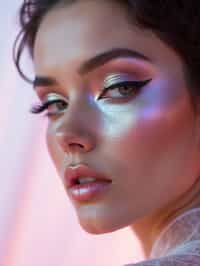 close-up of Futuristic makeup with metallic eyeshadow and sharp contouring. set against a soft, pastel background