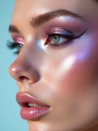 close-up of Futuristic makeup with metallic eyeshadow and sharp contouring. set against a soft, pastel background