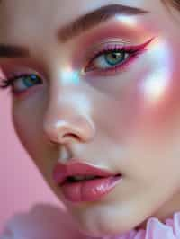 close-up of Futuristic makeup with metallic eyeshadow and sharp contouring. set against a soft, pastel background