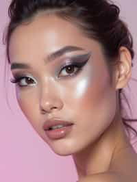 close-up of Futuristic makeup with metallic eyeshadow and sharp contouring. set against a soft, pastel background