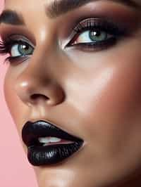 close-up of Edgy makeup look with dark, glossy lips and contoured cheeks. set against a soft, pastel background