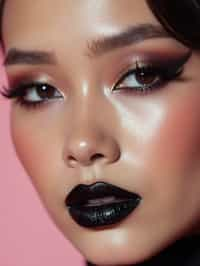 close-up of Edgy makeup look with dark, glossy lips and contoured cheeks. set against a soft, pastel background