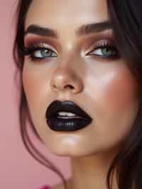 close-up of Edgy makeup look with dark, glossy lips and contoured cheeks. set against a soft, pastel background