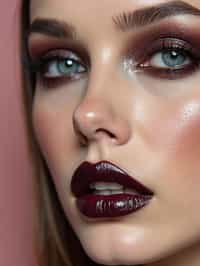 close-up of Edgy makeup look with dark, glossy lips and contoured cheeks. set against a soft, pastel background