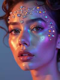 close-up of Artistic makeup with face jewels and iridescent highlighter, captured under a UV light for a glowing effect. set against a soft, pastel background