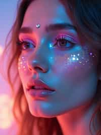 close-up of Artistic makeup with face jewels and iridescent highlighter, captured under a UV light for a glowing effect. set against a soft, pastel background