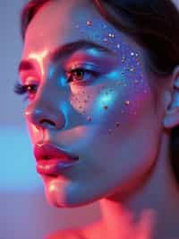 close-up of Artistic makeup with face jewels and iridescent highlighter, captured under a UV light for a glowing effect. set against a soft, pastel background