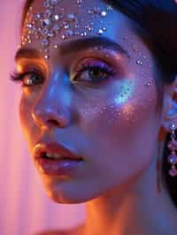 close-up of Artistic makeup with face jewels and iridescent highlighter, captured under a UV light for a glowing effect. set against a soft, pastel background